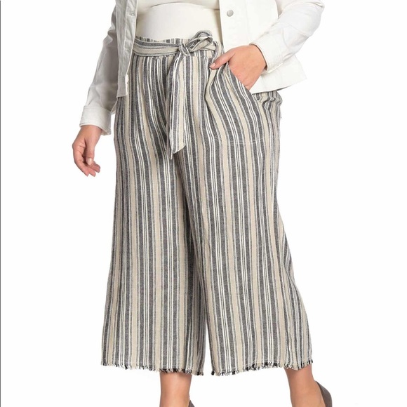 Caslon Striped Linen Blend Crop Pants Khaki/Black - Picture 1 of 7